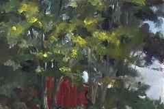#83 - Pam Siegfried, Red Barn Peeking Through, 2021, Oil, 15x18x1, 2 lbs, 350.00