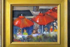 #90 - Delilah Smith, Red Umbrellas, 2021, Oil on Canvas, 8" x 10", 2 lbs, NFS
