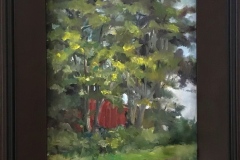 #83 - Pam Siegfried, Red Barn Peeking Through, 2021, Oil, 15x18x1, 2 lbs, 350.00